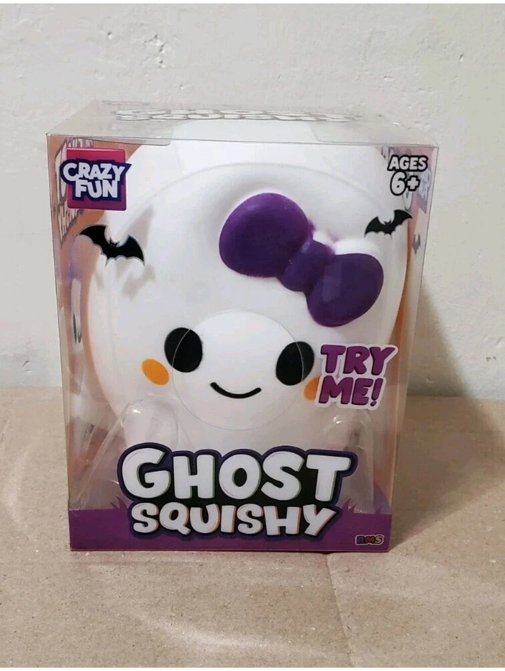 RMS Crazy Fun Ghost Squishy Halloween Sensory Squeeze Toy White Purple Bow NWT